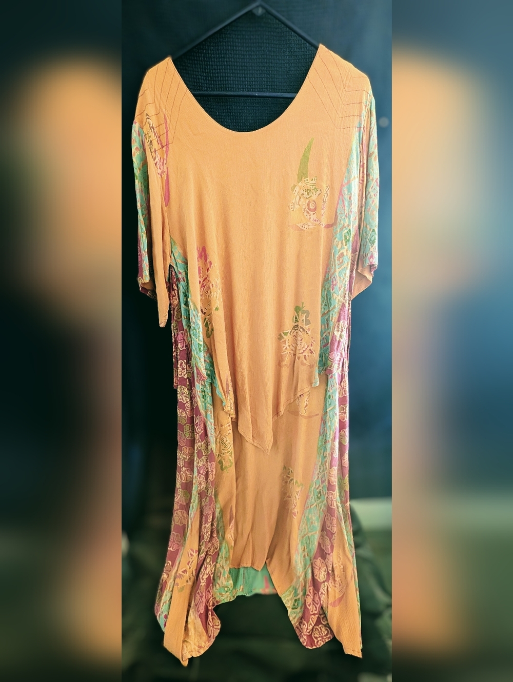 Coral Boho Peach Floral Maxi Dress (One Piece) with Turquoise & Lavender Panels